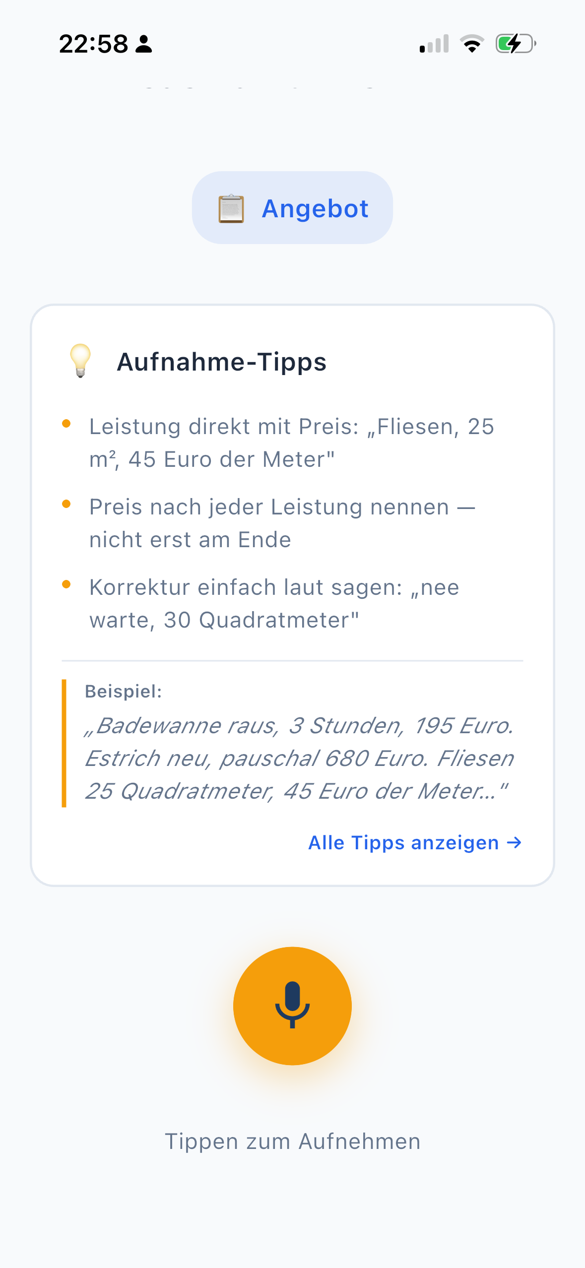 VoiceDok Aufnahme-Screen mit Aufnahme-Tipps für ein Angebot