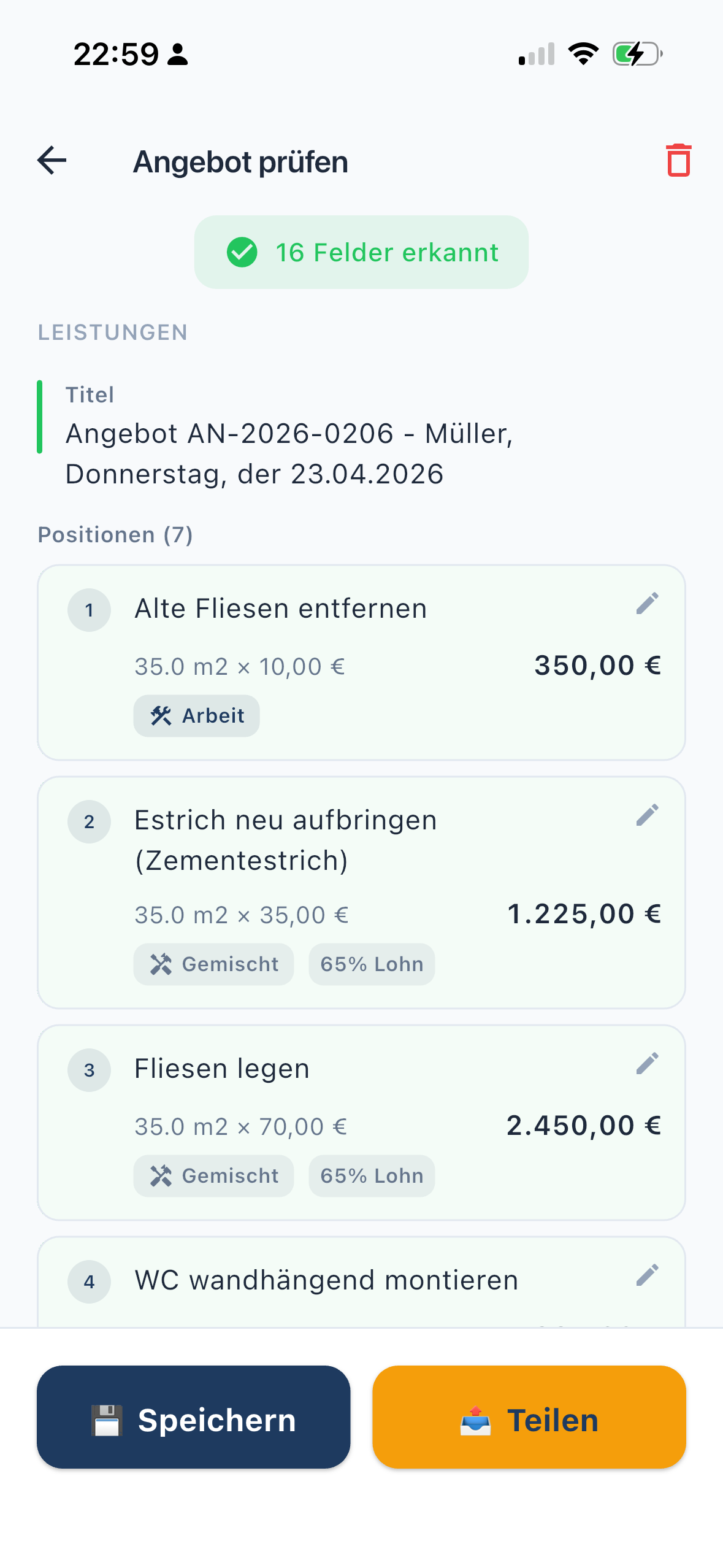 Angebot-Entwurf mit 16 erkannten Feldern, Positionen und Einzelpreisen zum Prüfen