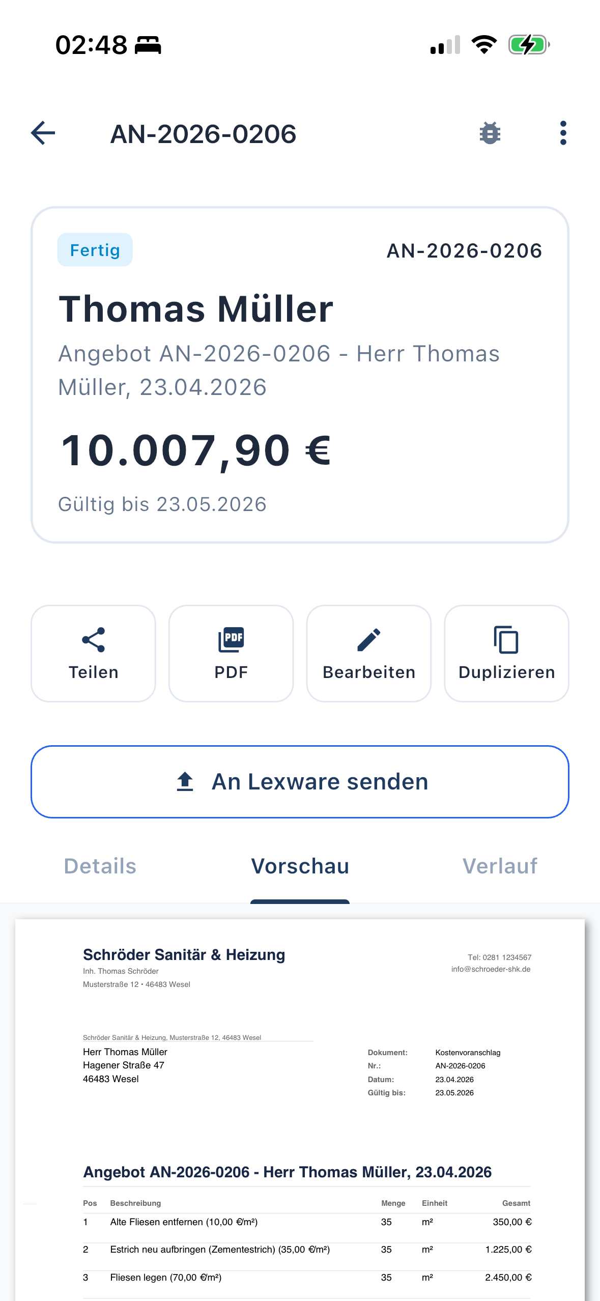 Fertiges Angebot als PDF mit Briefkopf, Positionsliste, Netto, MwSt und Bruttobetrag