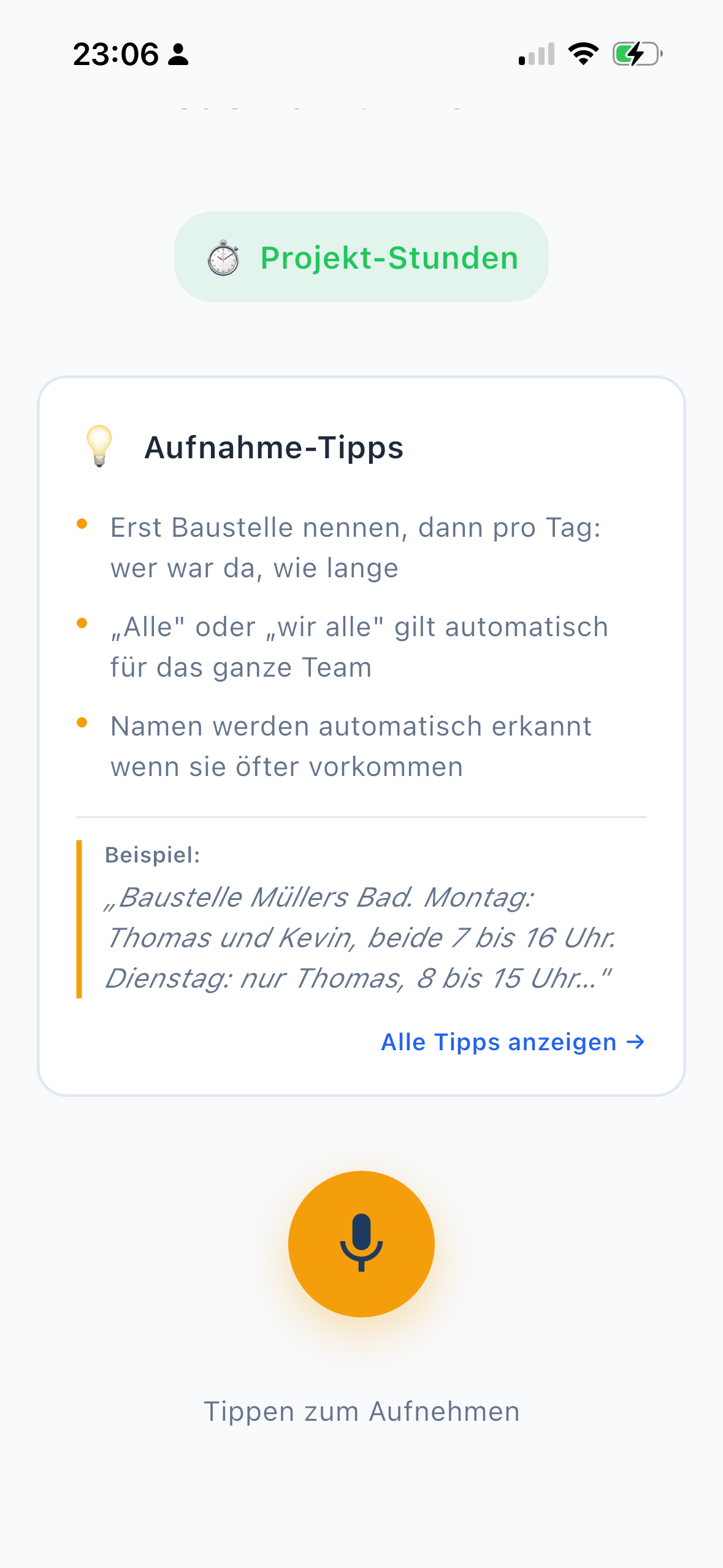 VoiceDok Aufnahme-Screen mit Aufnahme-Tipps für Projekt-Stunden