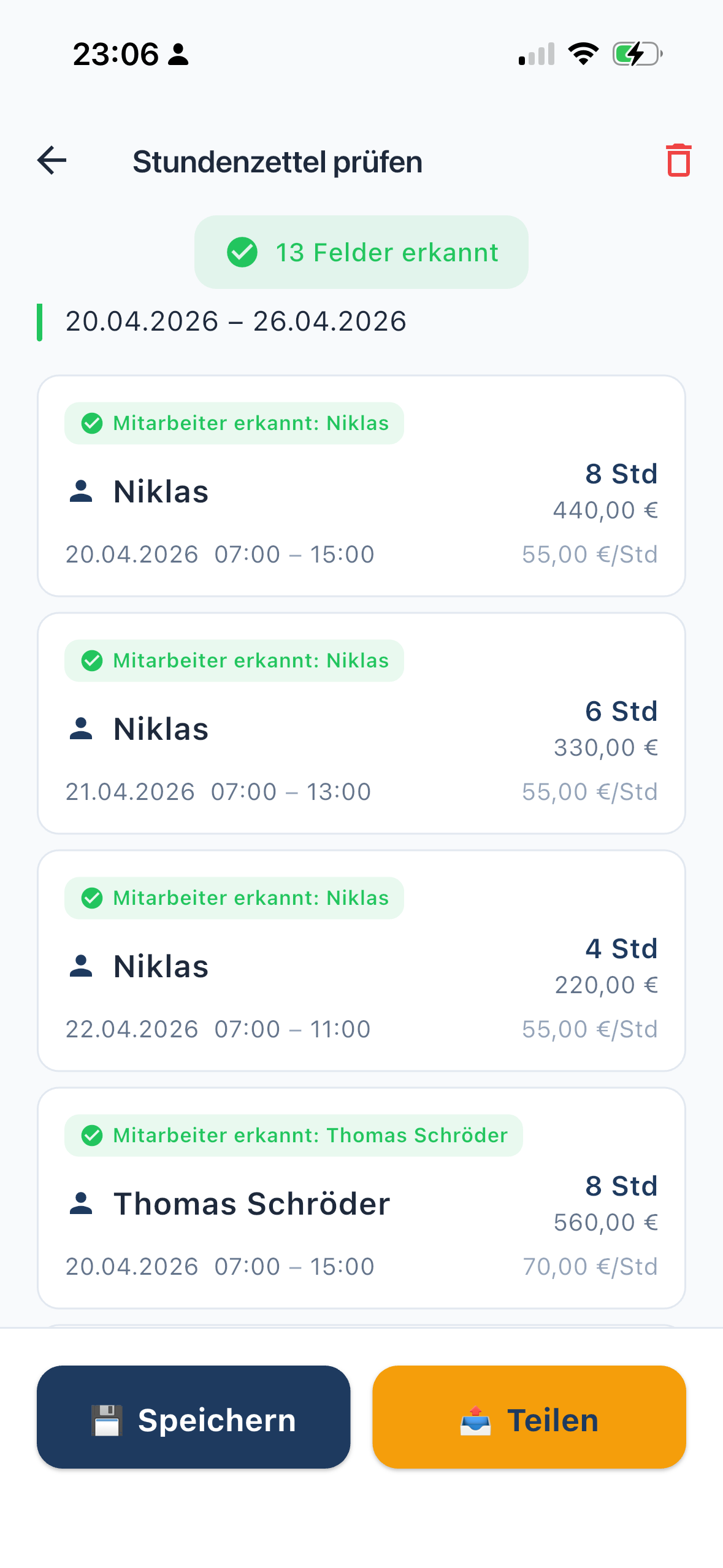 Stundenzettel-Entwurf mit erkannten Mitarbeitern Niklas und Thomas, Stunden und Stundensätzen