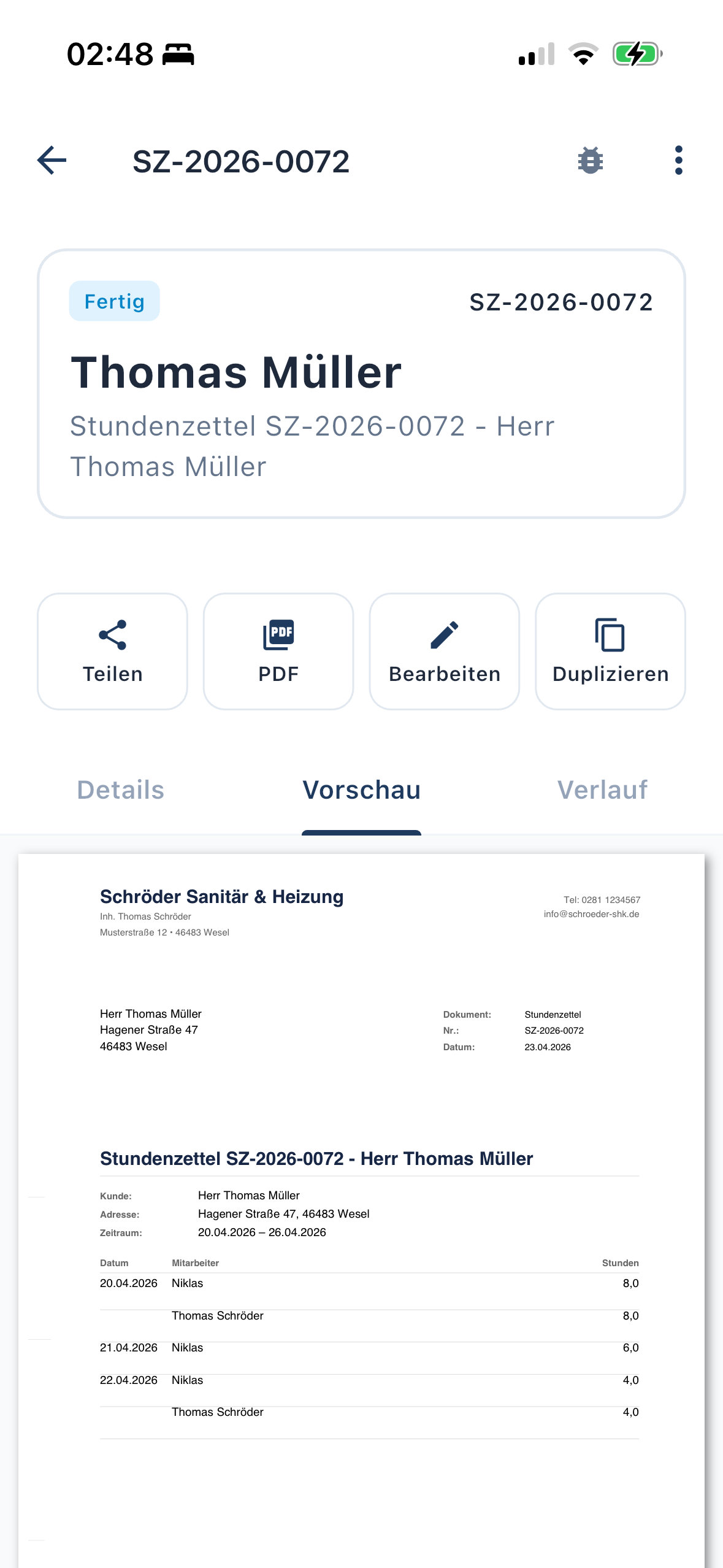 Fertiger Stundenzettel als PDF mit Datums-, Mitarbeiter- und Stunden-Übersicht